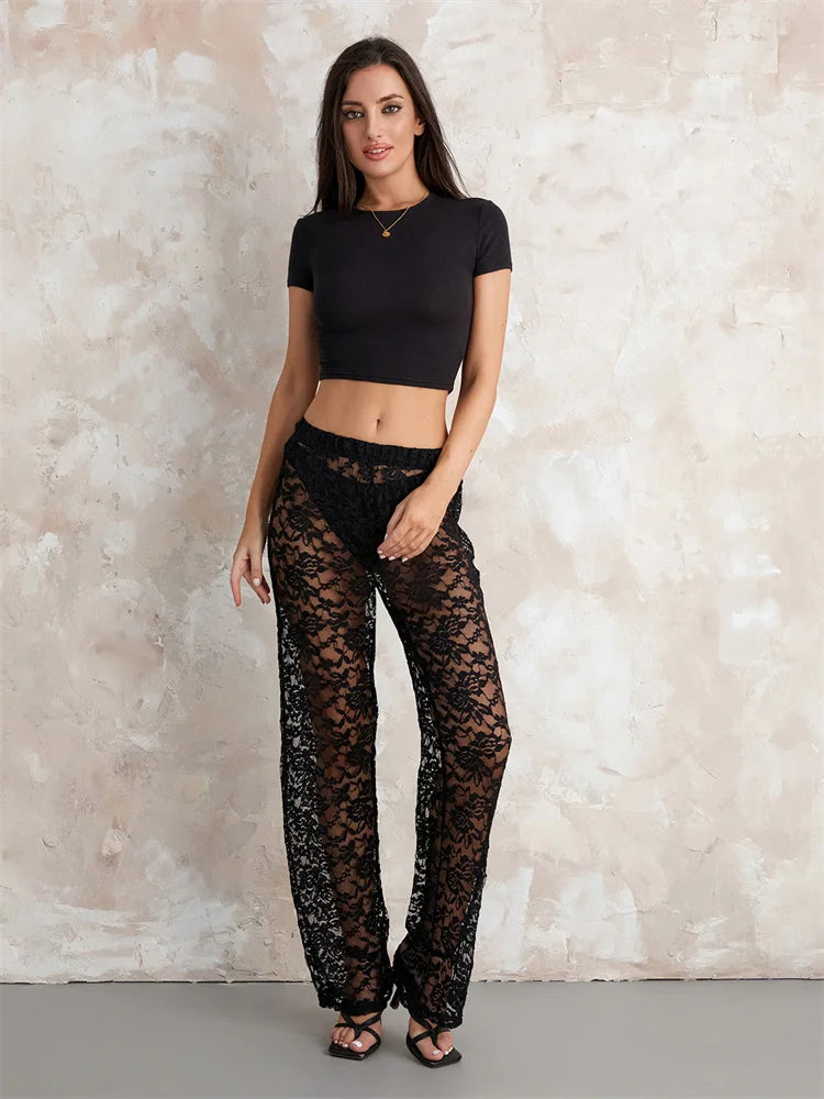 Women’s Sheer Lace Pants High Waist Wide Leg Flare Pants Bell-Bottoms Club Beach Sexy Trousers Streetwear