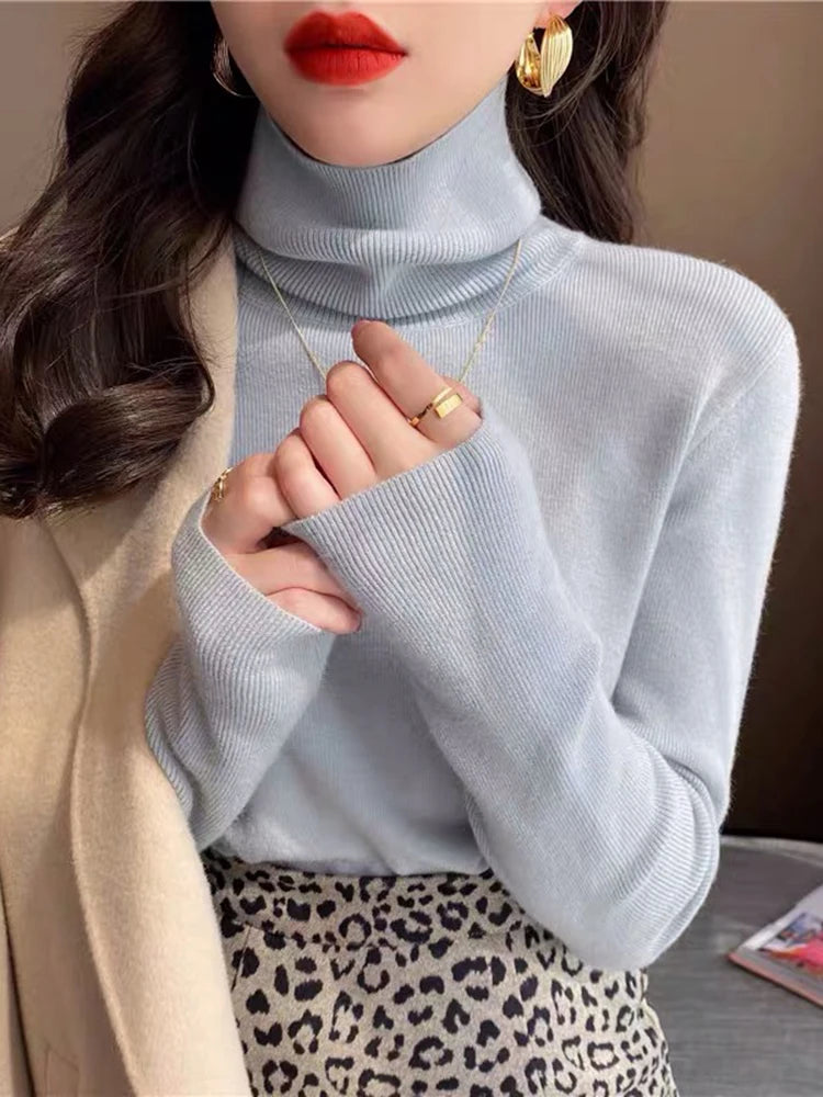 Women Turtleneck Sweaters Casual Soft Long Sleeve Pullovers Elastic Jumpers Knitwear Slim Basic Sweater For Women Autumn Winter