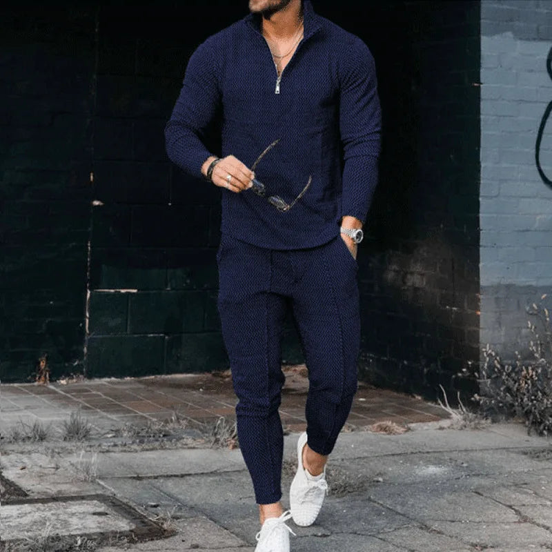 Spring Autumn New Fashion Men's Solid Color Long Sleeved Sports Texture Set Casual Half Zipper Stand Collar 2 Pieces Trendy Sets