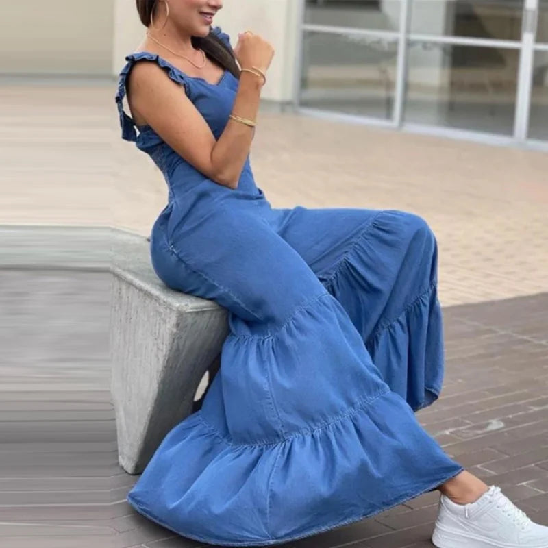 Women Solid Imitation Denim Jumpsuits Spring V Neck High Waist Straight Playsuits Summer Backless Wide Leg Pleated Pants Rompers