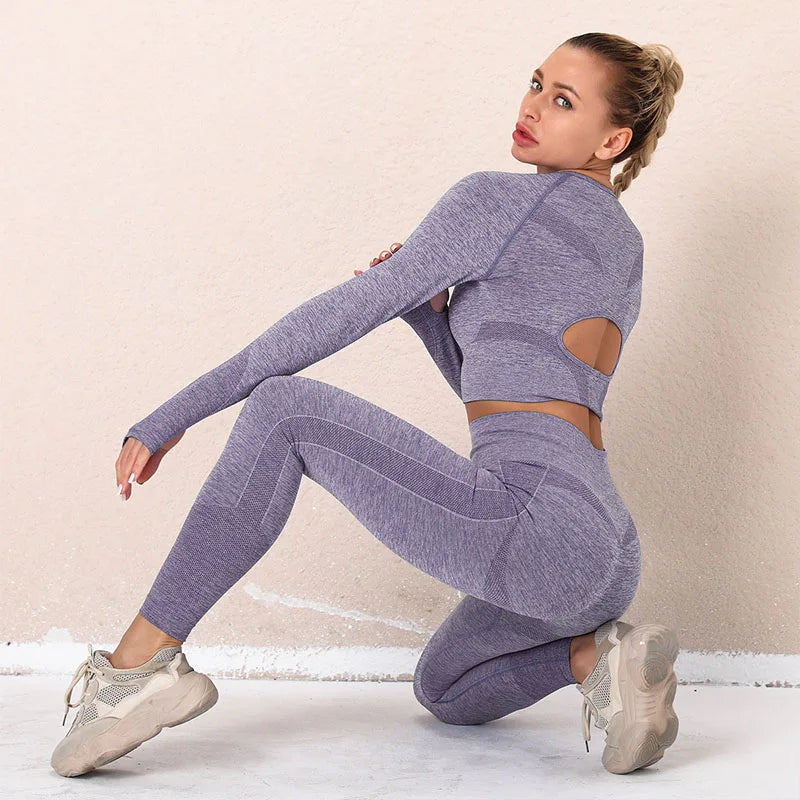 2PCS Seamless Women Sports Suits Yoga Set Workout Sportswear Gym Clothing Fitness Long Sleeve Crop Top High Waist Leggings