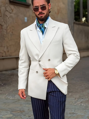 Casual Peaked Lapel Suits for Men Navy Blue Stripe Pants Slim Fit Double Breasted Tuxedo Boys Suit Trajes De Hombre Men Suits