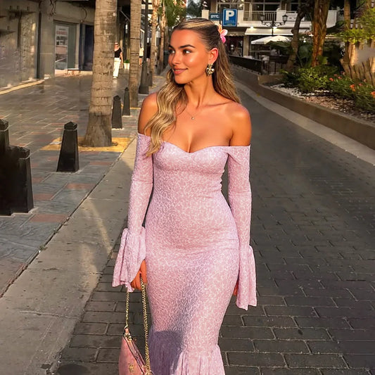 Elegant Pink Off Shoulder Backless Maxi Dress for Women Sexy Sheer Lace Strapless Holidays Party Dress Autumn Long Sleeve Dress