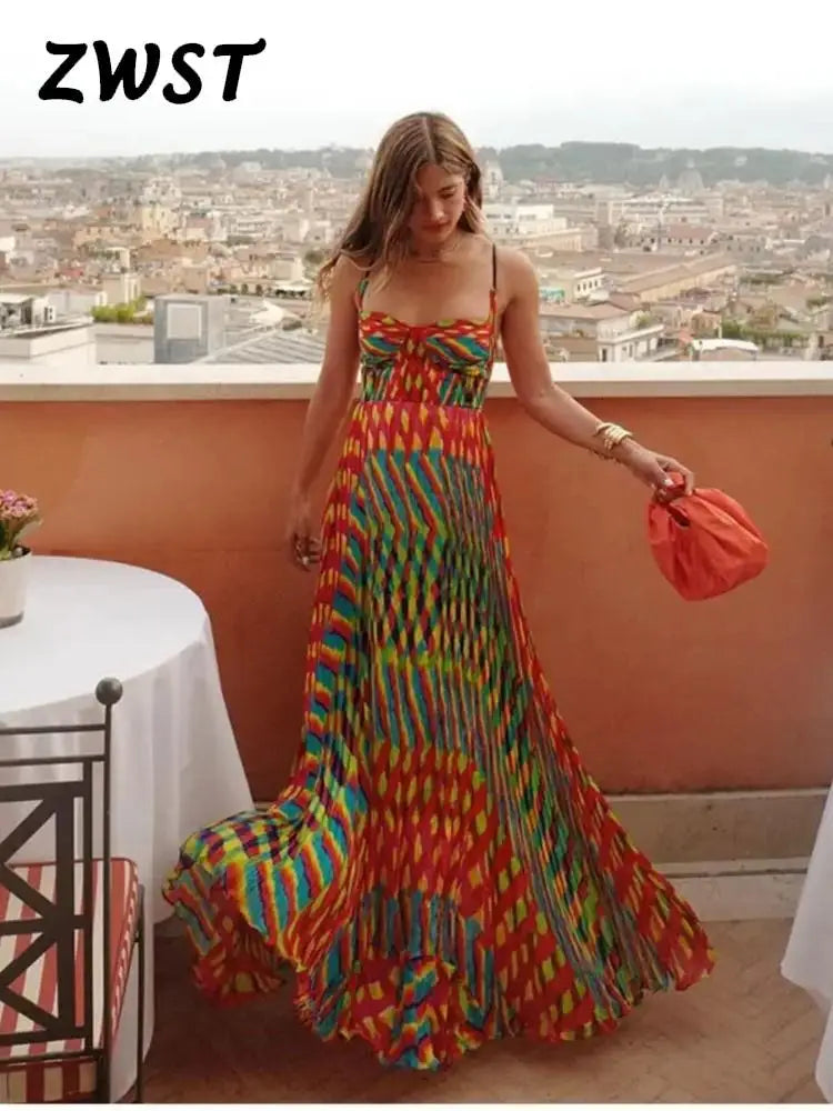 Imprimir vestidos maxi de esteira contrastante para mulheres praia praia colorida sem mangas de costas vestido solto férias de verão férias vestidos vestidos