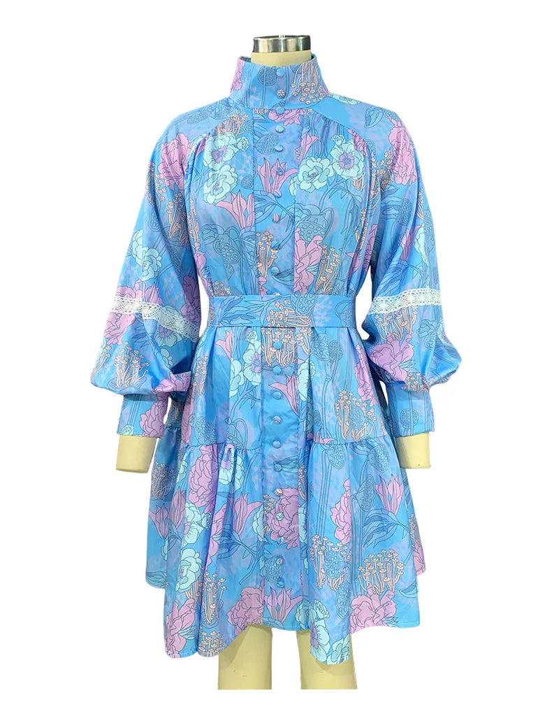 Women Long Sleeve Stand Collar Shirt Dress Spring Autumn Printed Short Dresses Elegant High Waist Party Dresses Vestidos