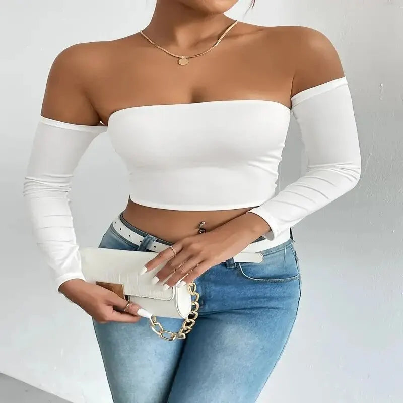 Damen von Schulter Langarm Crop Top - Casual Frühling/Herbsthemd