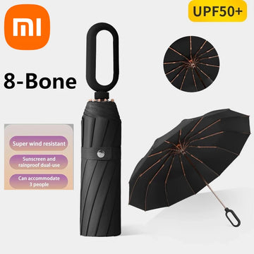 Xiaomi 8-bone Triple Fold Umbrella Hand Open Loop Buckle Umbrella Black Rubber Sunscreen Dual Use Wind Water Resistant Umbrella