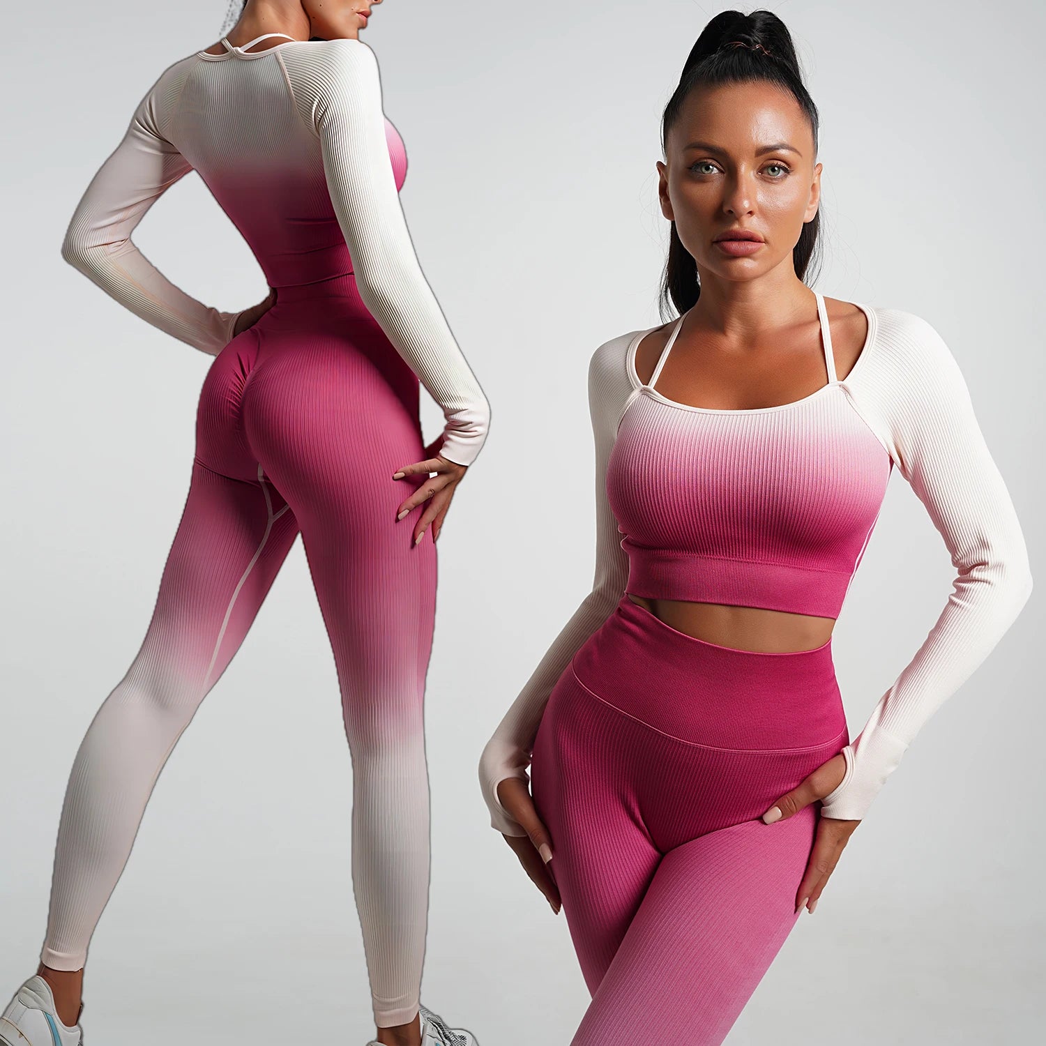 Seamless Gradienten-Yoga-Sets Sportfitness hohe Taille-Hüft-Hose-Hosen langärmelige Anzüge Training Fitnessstudio-Leggings für Frauen