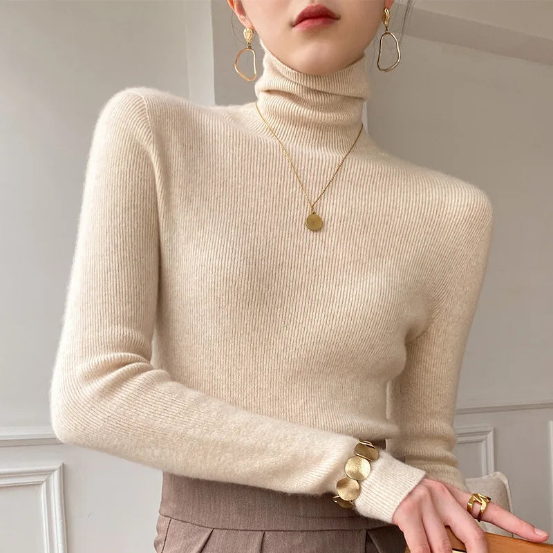 Women Sweater Winter Cashmere Turtleneck Warm Knitwear Korean Casual Solid Bottoming Shirt Fashion Knit Pullovers Brown Sweater