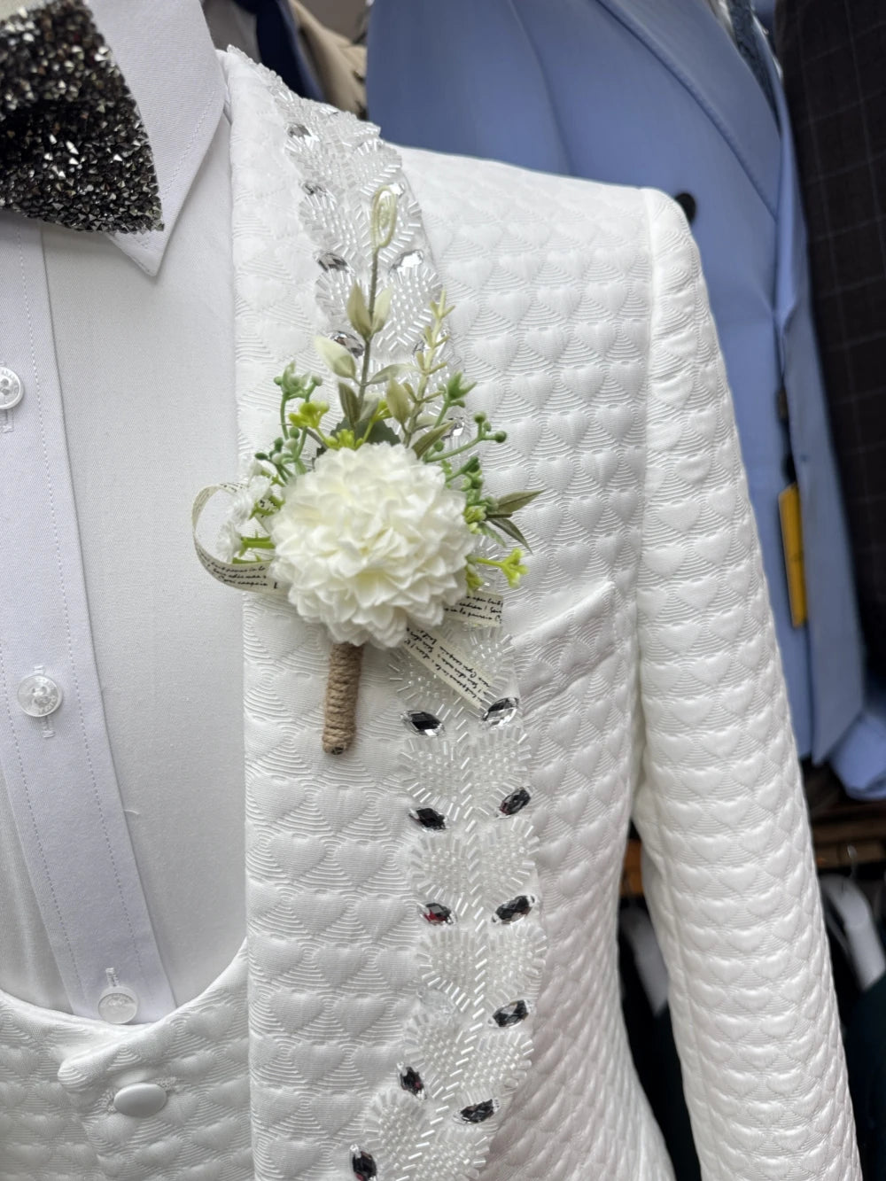 White Jacquard Men's Tuxedo 3 Pieces Blazer Vest Pants Wedding Groom Best Man Outfit Customized Suit Set For Men Birthday Party