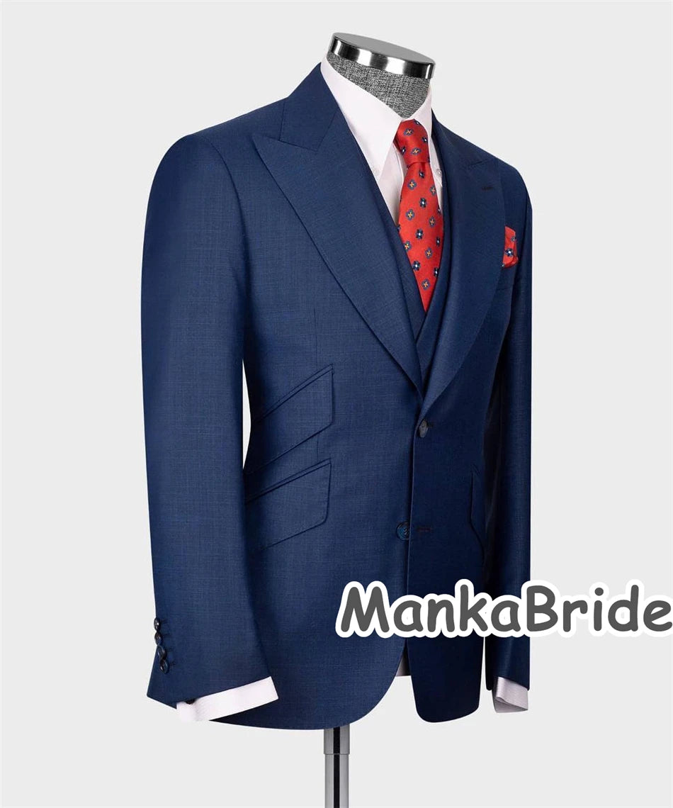 Elegant Navy Blue Classic Wedding Tuxedo 3PCS Blazer Vest Pants Full Men's Suits Slim Fit Business Wear Formal Party Suit