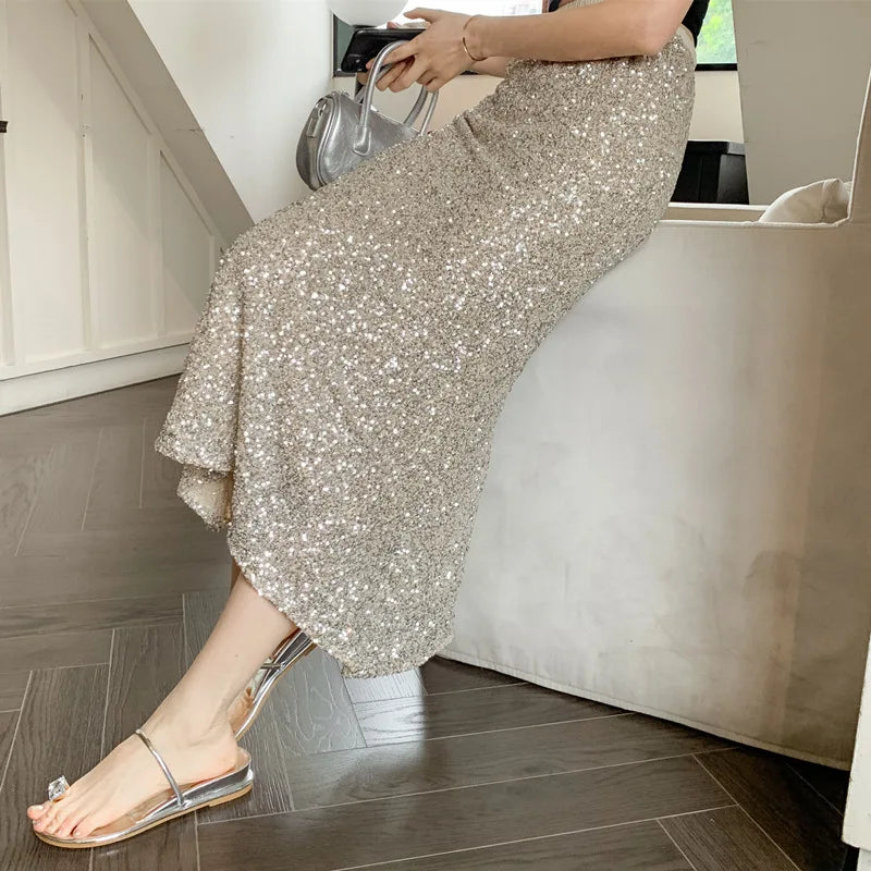 New Heavy Industry Sequins Fish Tail Skirt for Spring/summer 2024 Luxury Sexy High Waisted Slimming Hip Pack Long Mermaid Skirt