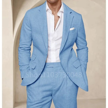 High Quality 2 Piece Blue/Beige Linen Men Suit Smart Casual Single Breasted Slim Fit Notch Lapel Blazer with Pants Costume Homme