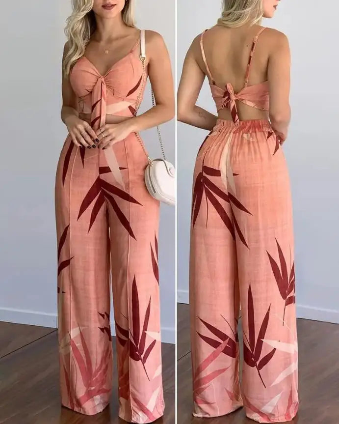 Summer nuevo traje para mujeres sexy sin mangas sin espalda trajes para mujeres con estampado hojas top y pantalones de piernas ancho set de 2 piezas