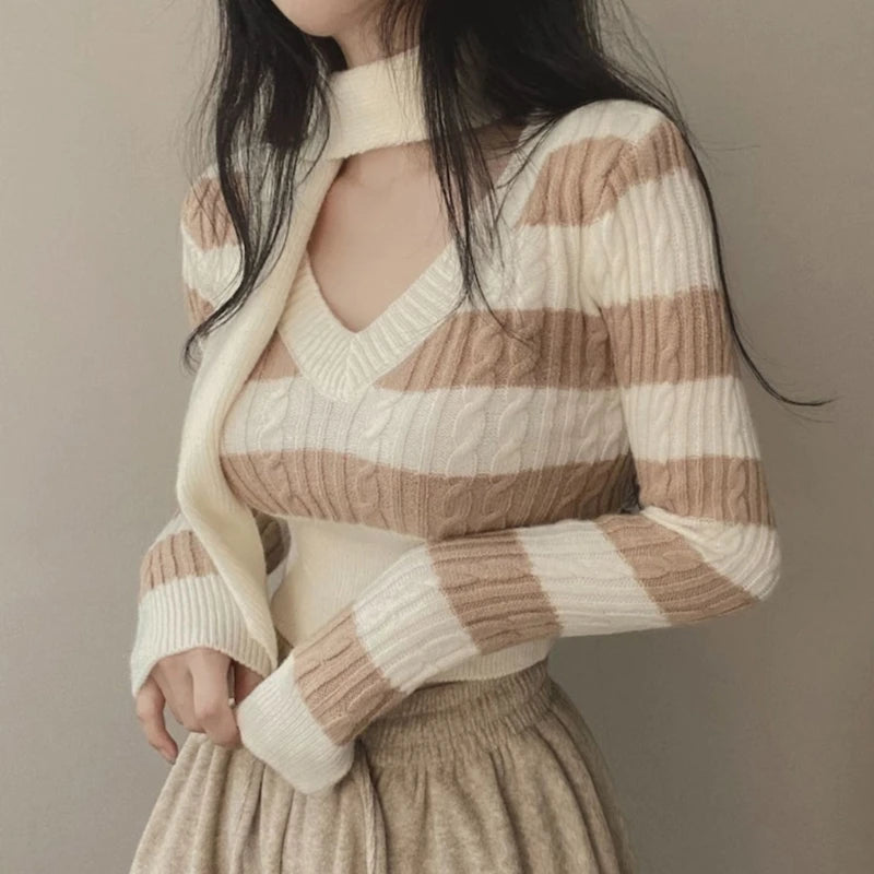 Elegant Scarf Collar and Cable Knit Long Sleeve Striped Skinny Sweater for Women