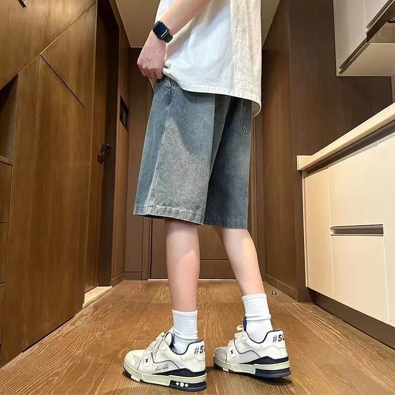 2025 new Fashion Streetwear Men's Denim Shorts Summer Loose Vintage Harajuku Splicing Hip-hop Cargo Moto Short Jeans Black Blue