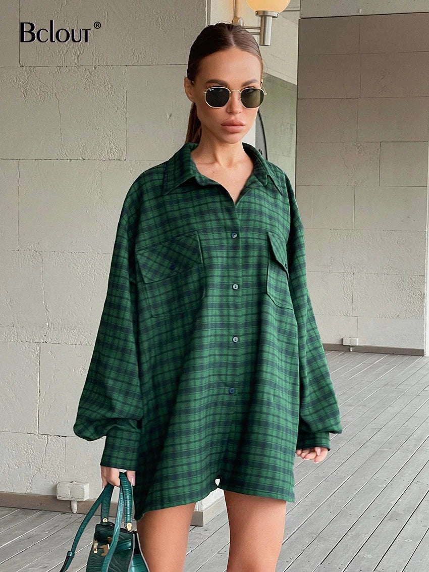 Bclout Casual Green Plaids Loose Blouses For Women 2022 Winter Vintage Long Sleeve Party Shirts Flannel Elegant Office Lady Tops