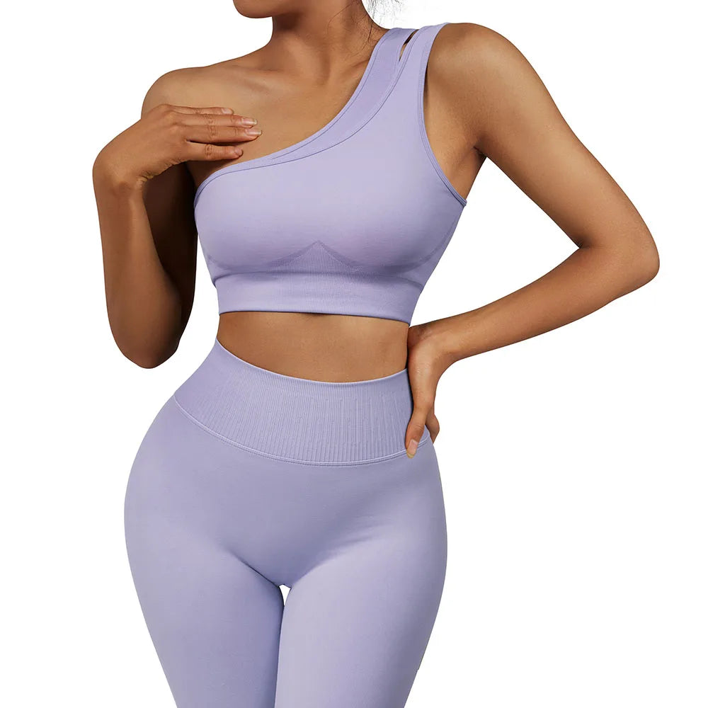 2 Pcs Yoga Set Women Seamless Gym Sportswear Outfits Workout Fitness Gym Clothing One Shoulder Sports Suit for Fitness Women