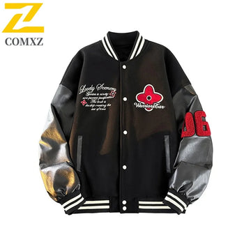 COMXZ Men Vintage Baseball Jacket Fall American Style Retro Windproof Waterproof Bomber Coat  Embroidery Streetwear Oversized