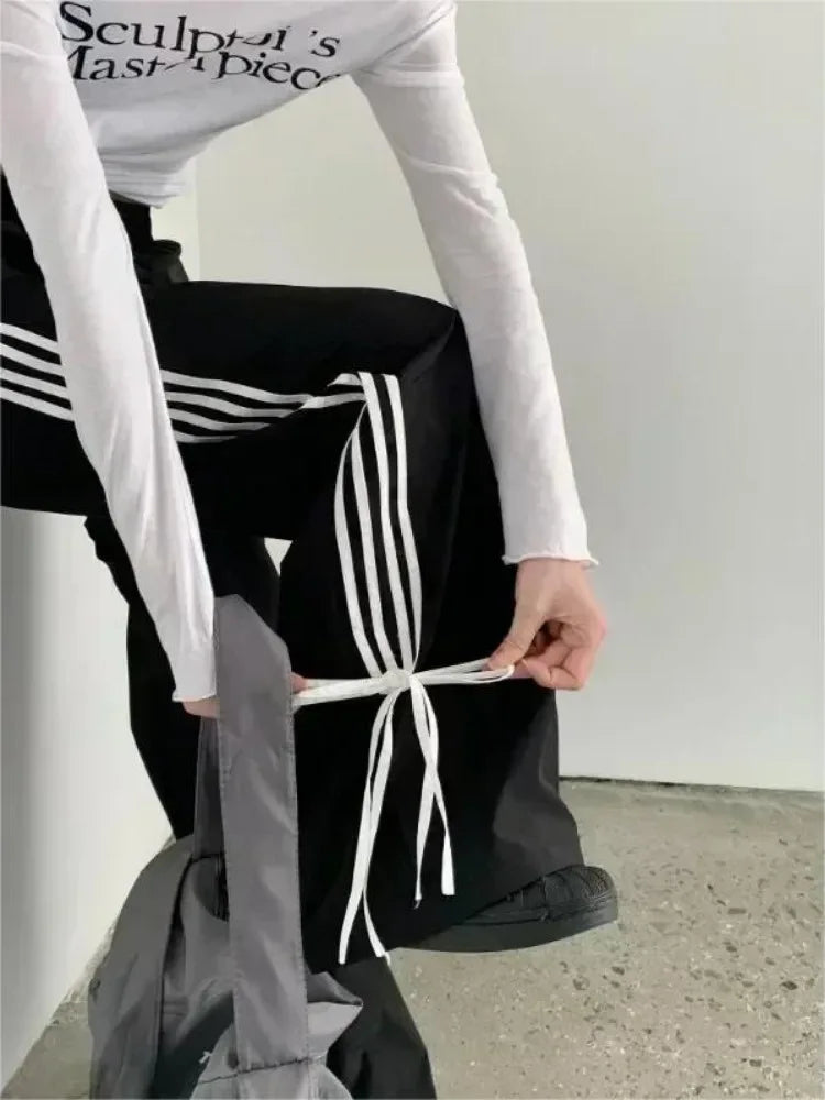 HOUZHOU Black Stripe Women's Sport Sweatpants Wide Oversized Harajuku Casual Joggers Parachute Pants Spring Korean Fashion 2024