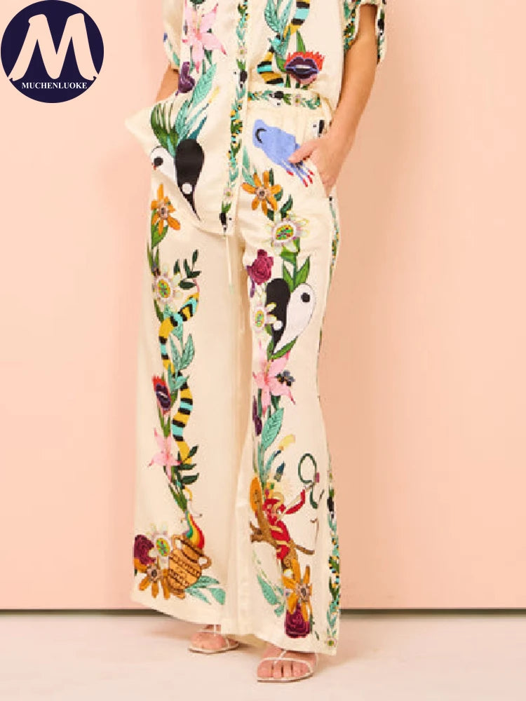 2 Piece Sets Women Outfit Summer New Bohemian Style Printing Half Sleeve Shirt Suits Fashionable Casual Loose Wide Leg Pant Set