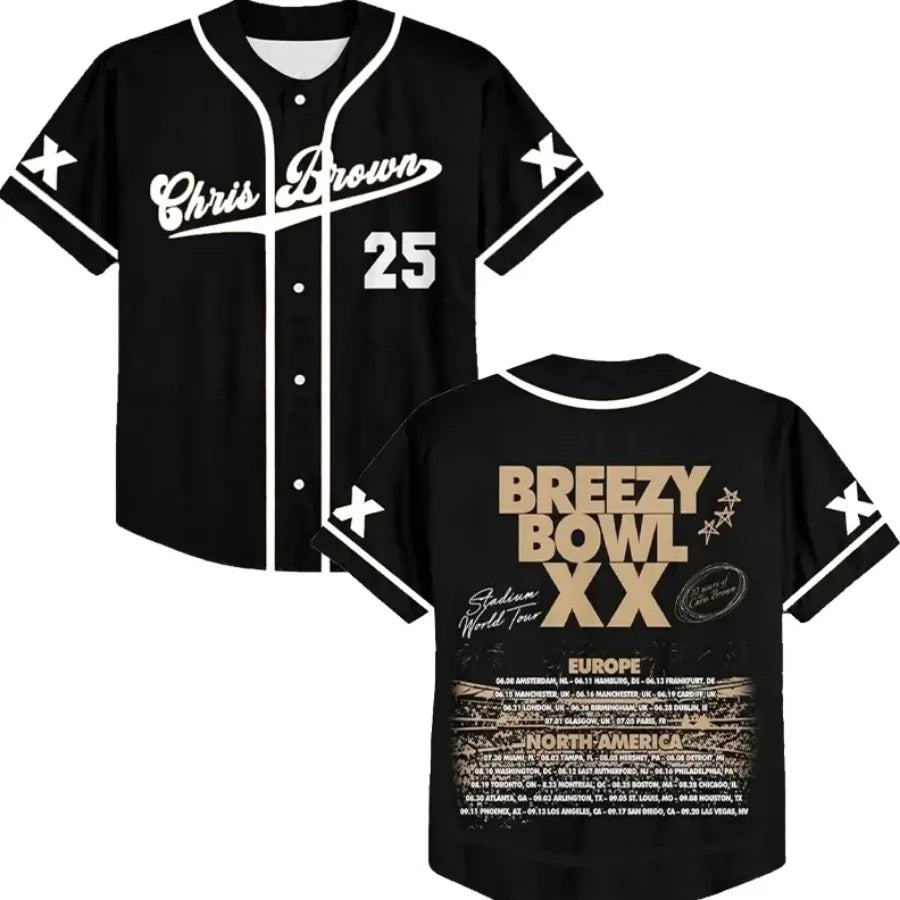 Chris Brown Breezy Bowl XX Tour 2025 Cardigan Buttons Baseball Jersey T-shirt Short Sleeve Graphic Tees Unisex Rap Hip Hop Tops