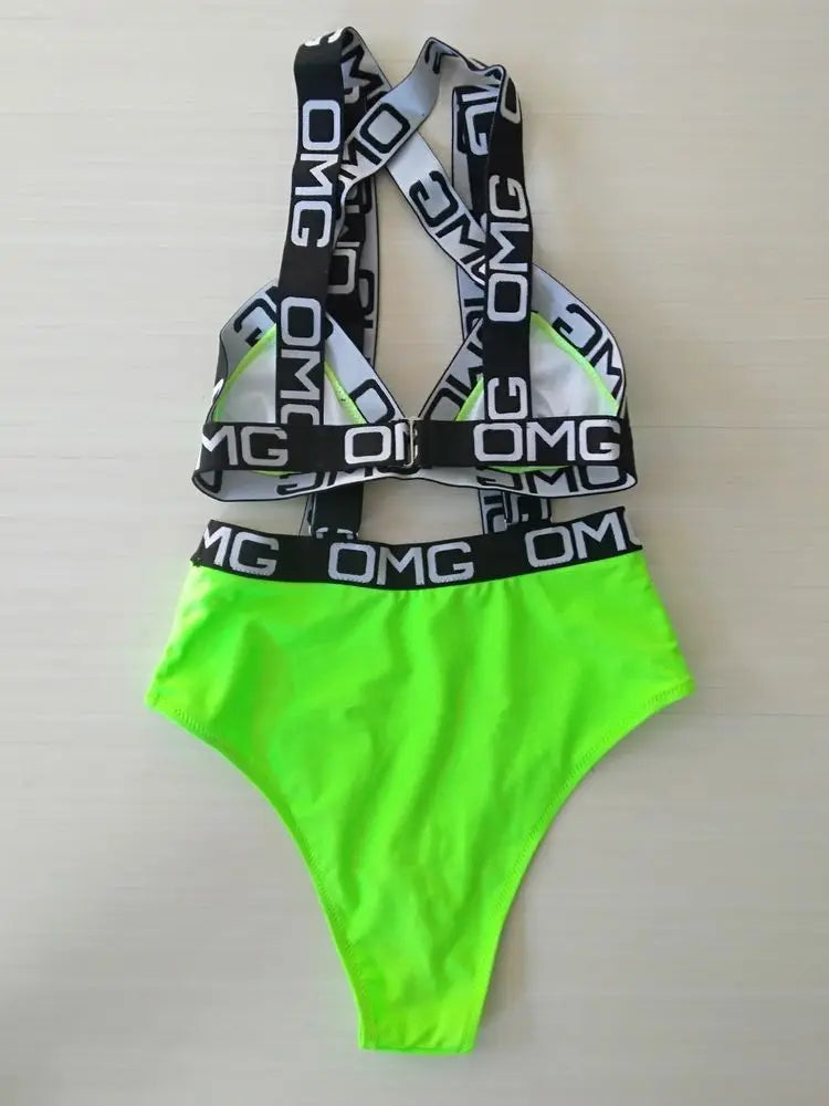 2024 NEON Mujeres trajes de baño Bikini bikini traje de baño de la cintura alta omg letra impresa una pieza monokini playas