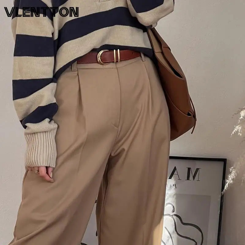 2024 Autunno primaverile Donne vintage Solidi pantaloni a vita alta tasche con cerniera casual per pantaloni dritti femminili Ropa Mujer