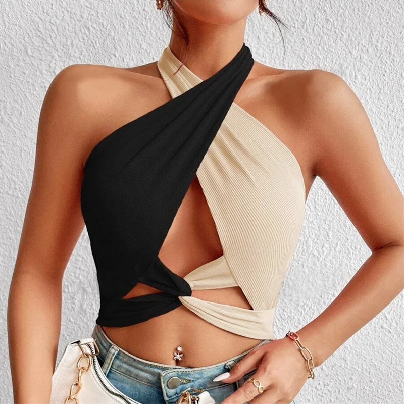 Women Summer Tank Tops Sexy Patchwork Cross Halter Neck Straps Hollow Crop Tops High Street Wear 2024 New Fashion