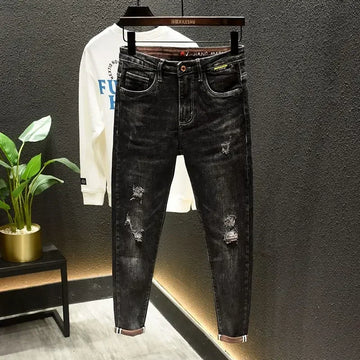 Trousers with Holes Skinny Tight Pipe Men's Jeans Black Broken Man Cowboy Pants Torn Ripped Slim Fit Designer Spring Autumn Xs