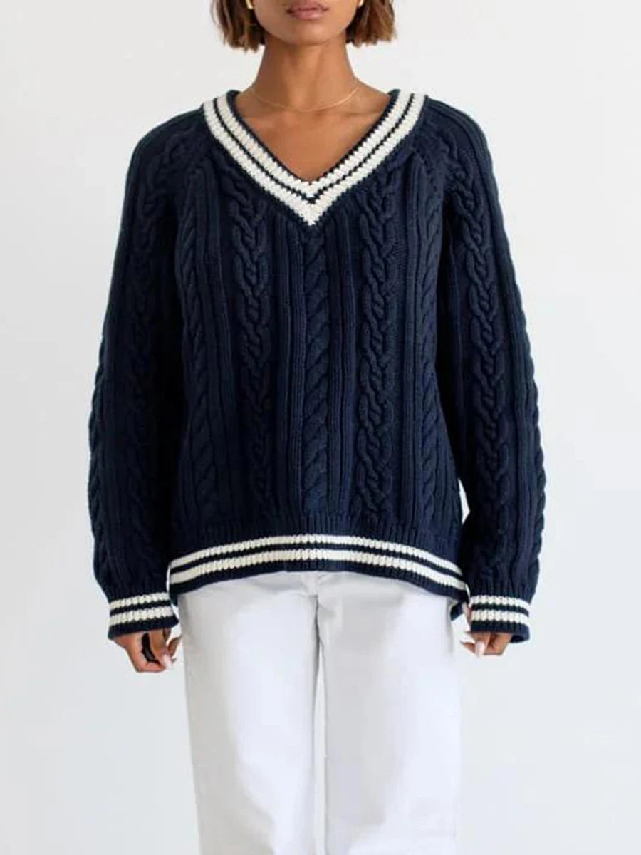 Women Cable Knitted Contrast Trim V Neck Sweaters Y2k Vintage Long Sleeve Pullover Striped Loose Preppy Jumper Top Streetwear