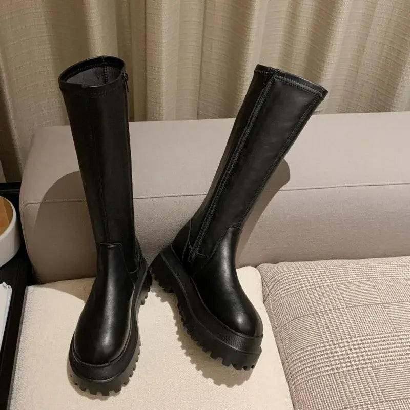 Fashion Platform Mid-Calf Shoes Women Combat Winter Heels Quality Long Thigh High Botas Zipper Knee High Boots For Girls Mujer