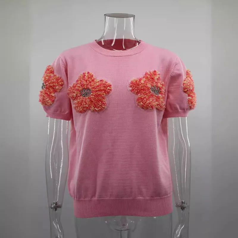 Fashion Women 3d Flower Sweater Elegant Lady O Neck Sweepleved Archever Tops 2024 Femenina Femenina Conjuntos callejeros de conmutación