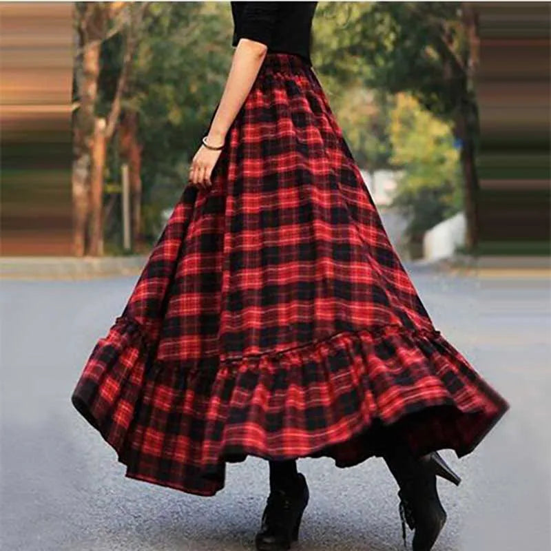 Fashion Loose Shirring Bandage Spliced Ruffles Plaid Skirts Women's Clothing 2024 Spring New Oversized All-match Long Skirts