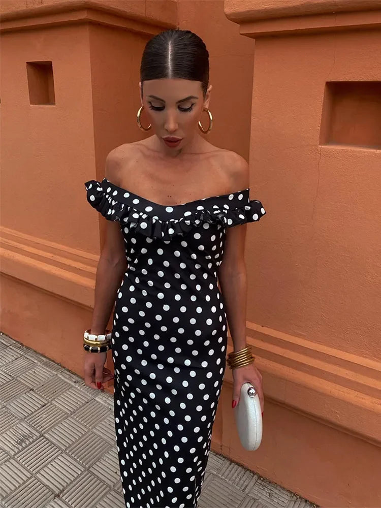 Elegant Polka Dot Print Ruffles Maxi Dress Women Fashion Strapless Slash Neck Backless Vestidos 2024 Lady Party Club Sexy Robes