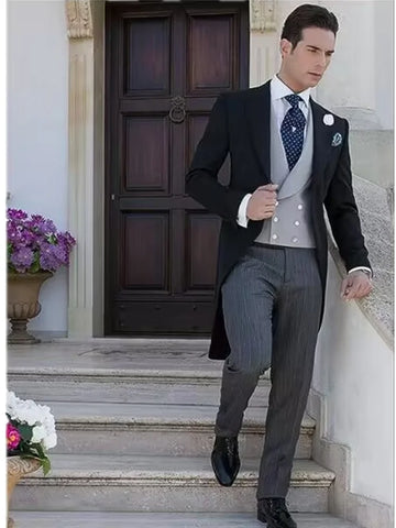 Black Wedding Men Tail Coat 3 Piece Groom Tuxedo for Formal Prom Party Male Suits Fashion Tuxedos Set Jacket with Pants Vest