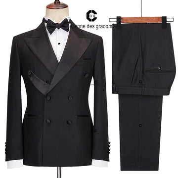 Cenne Des Graoom 2024 New Elegant Tuxedo Suits for Men Double Breasted Black Satin Collar Jacket Pant 2Pcs Set Wedding Evening