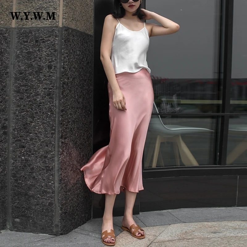 Wywm sommer taille tailled satin seidenrock Frauen solide 8 Farbe Mode elegante Damen Streetwear-Röcke Slim A-Line Female Kleid