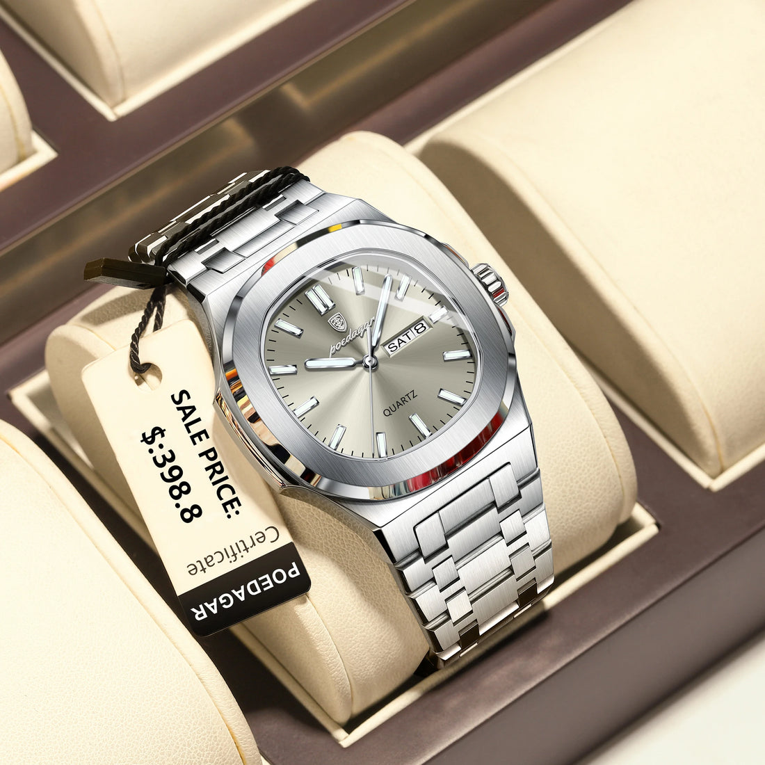 POEDAGAR Fashion Square Men Clock Waterproof Luminous Date Week Man Wristwatch High Quality Stainless Steel Quartz Men's Watches