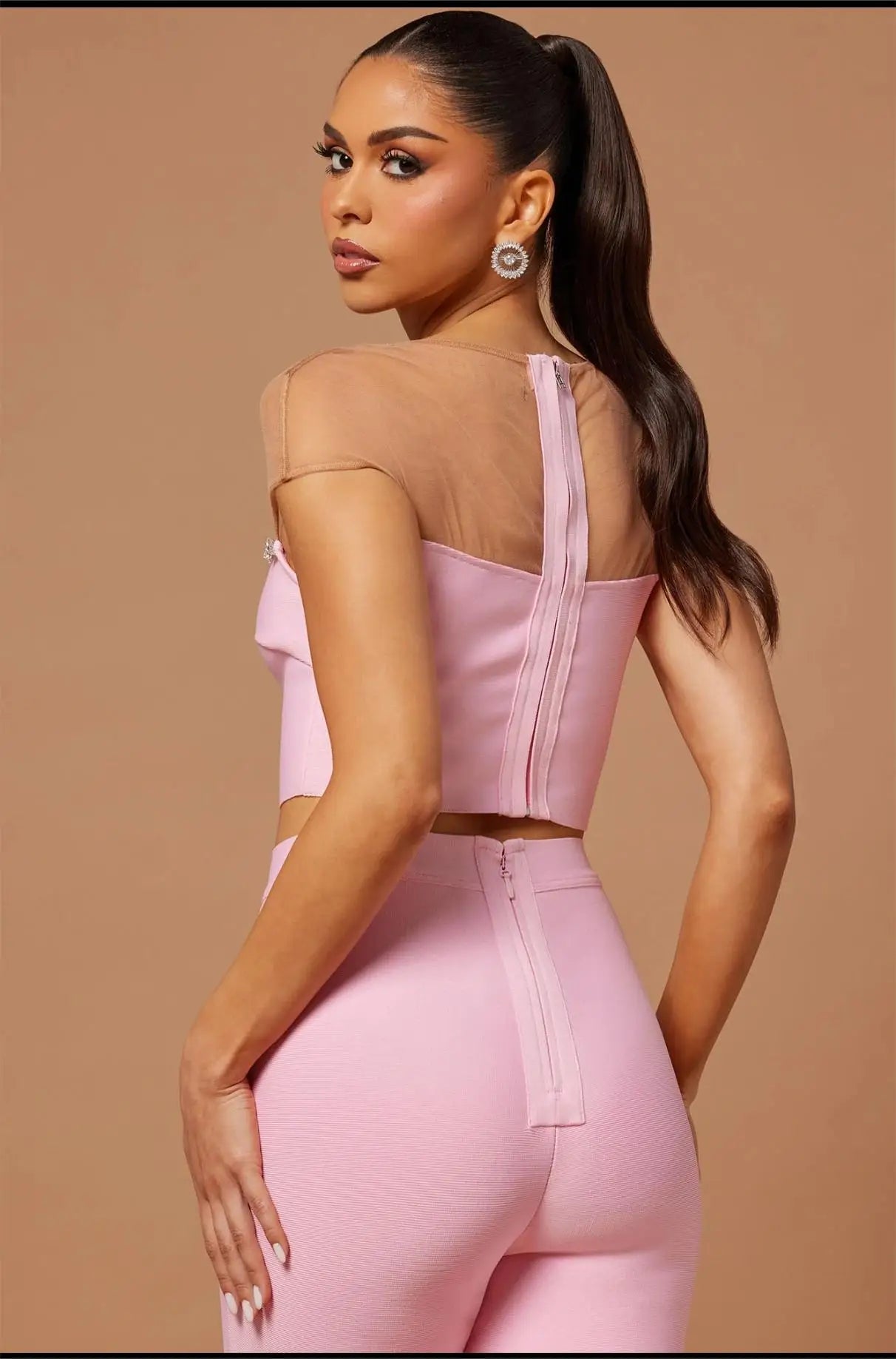 2023 New Fashion Pink Color Women Sexy Mesh Crystal Tops Bandage Pants 2 Pieces Bodycon Set High Street Evening Party Set