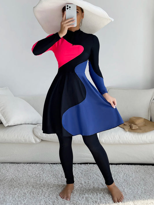 Modest Swimwear for Muslim Women New Burkini 2pcs All Cover Swimsuits Long Dress and Long Panty Blue and Red Patchwork Burkini