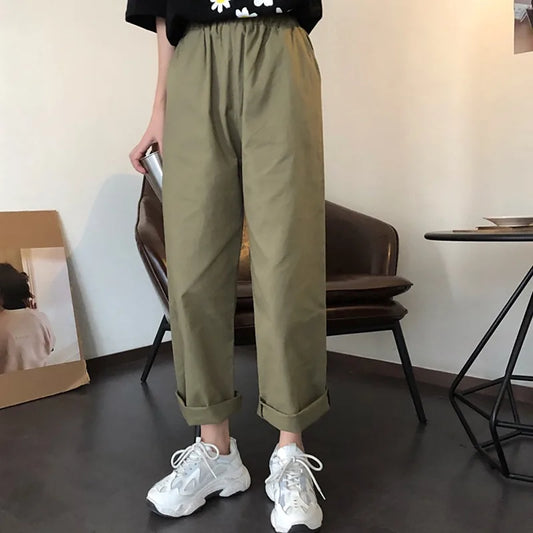 Korean Style Retro Pants Women Loose Casual Solid Color Straight Ankle-length Trousers Office Lady Versatile Sweatpants Female