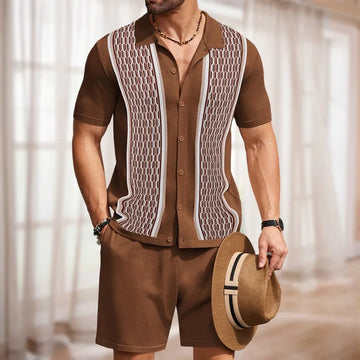 Summer Men's Clothing Luxury Knit Tracksuit Set Leisure Short Sleeve Solid Color Shirts+Shorts 2 Piece Popular Knitwear Suit