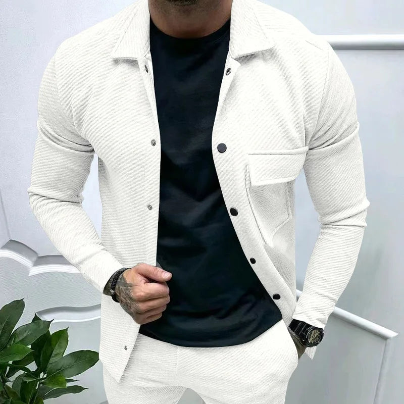 European and American casual men's heavy twill lapel neck long-sleeved single-breasted solid-color slim-fit jacket