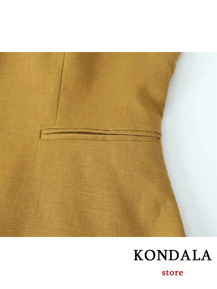 Kondala Office Lady Linen Brown costume Femmes V Neck Boutons simples VIET BLAZER + TAILLE HIGHT PANTAL LEG LAG FASH