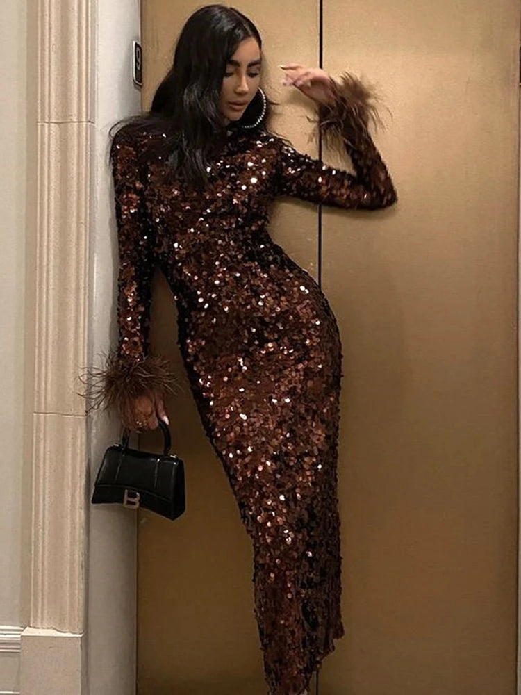 New Women O Neck Long Sleeve Luxury Sequin Feather Midi Dress Elegant Celebrity White Sequinned Bodycon Dress Evening Party Club