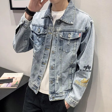 Autumn Ripped Cowboy Coat for Men Light with Embroidery Denim Jackets Man Hole Korean Popular Clothes Original Outwear Elatic