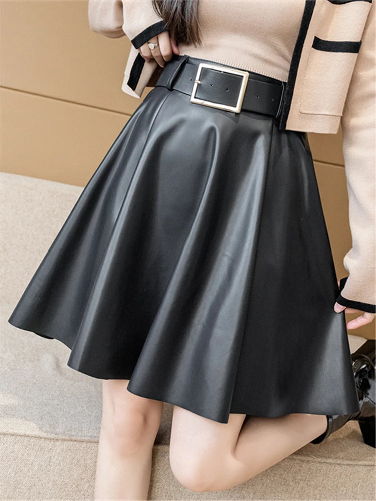 REALEFT Women's PU Leather Skirts With Belted 2022 New Fashion Solid Color High Waist Casual Short Ladies A-Line Skirts Female