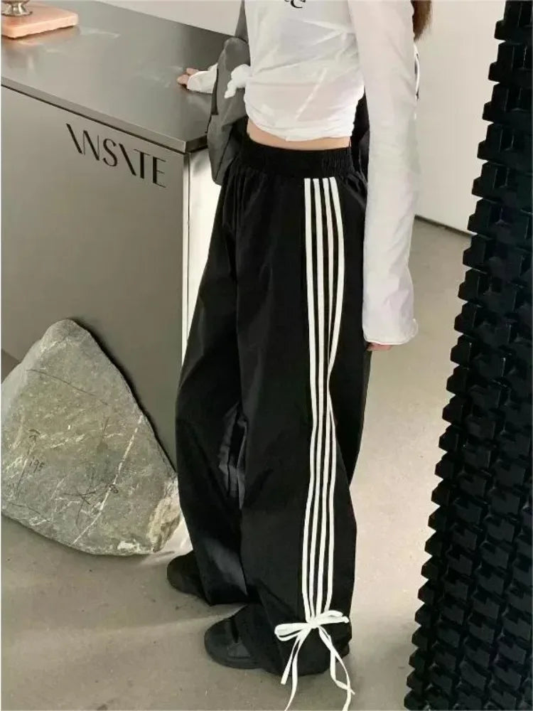 HOUZHOU Black Stripe Women's Sport Sweatpants Wide Oversized Harajuku Casual Joggers Parachute Pants Spring Korean Fashion 2024