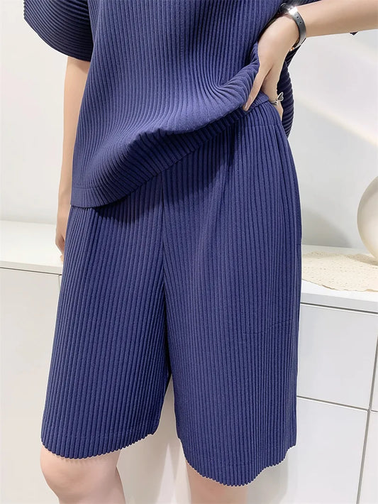 Miyake Pleated 2024 Spring Summer Loose Casual Wide-leg Five-quarter Pants High-waisted Versatile Straight Pleated Pants Women